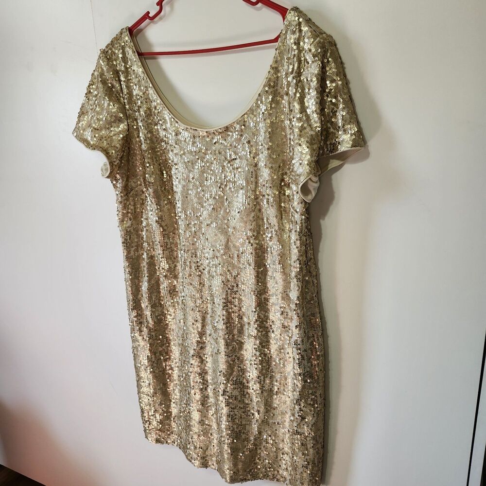 Roz & Ali Gold Sequin Cocktail Dress Short Sleeve Scoop Neck Plus Size 20